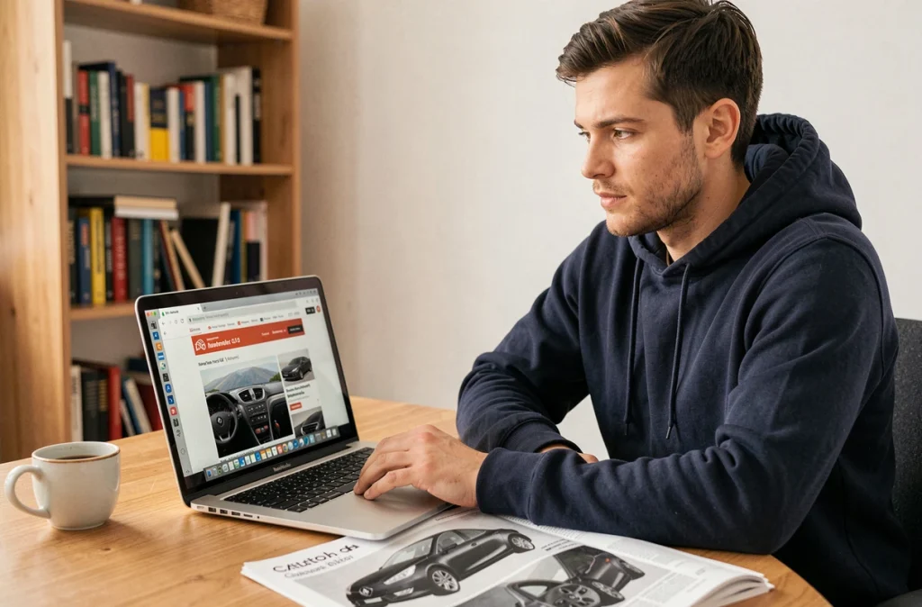 Personne recherchant un tableau de bord Renault Clio II sur un site de vente en ligne depuis un bureau à domicile