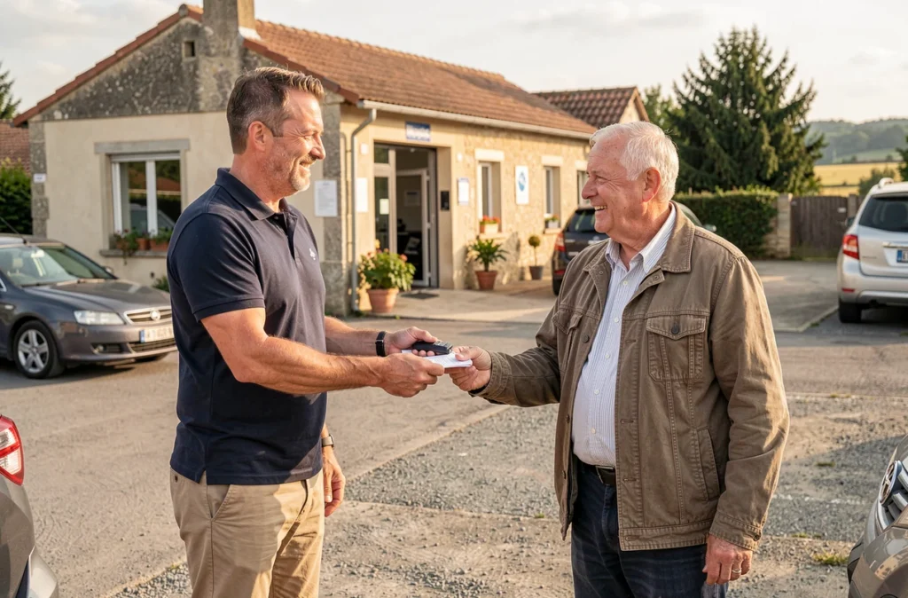 Remise des clés d'une voiture sans permis d'occasion entre vendeur et acheteur dans le Tarn