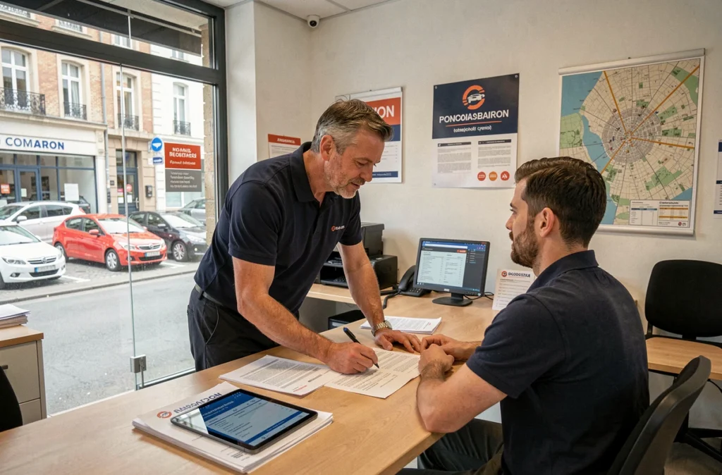 Agent de location expliquant les tarifs d'une voiture sans permis à un client dans une agence à Dijon