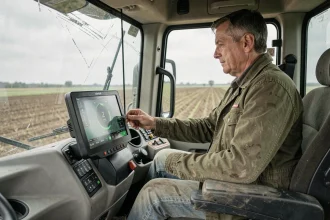 Agriculteur en cabine de tracteur consultant une barre de guidage GPS agricole sur tableau de bord