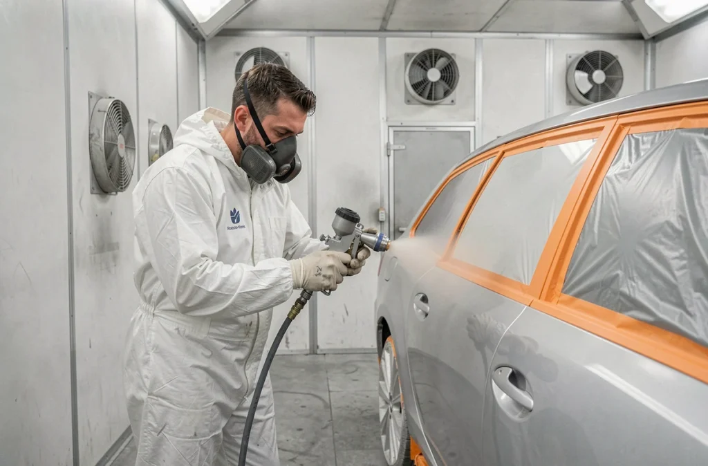 Carrossier peintre en cabine de peinture chez AMR Carrosserie dans la Marne