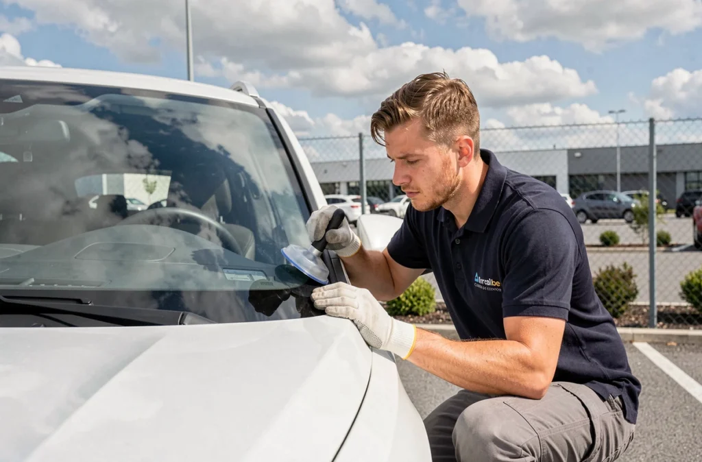 Technicien d'A+Glass Sarralbe remplaçant le pare-brise d'un SUV blanc dans une zone commerciale avec des outils de pose professionnels
