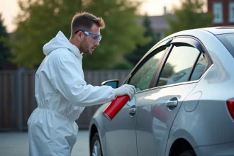 Homme en combinaison de protection appliquant une bombe de peinture carrosserie sur une portière de voiture argentée à l'extérieur