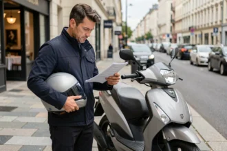 Homme consultant des documents d'assurance scooter 500cc dans une rue urbaine européenne