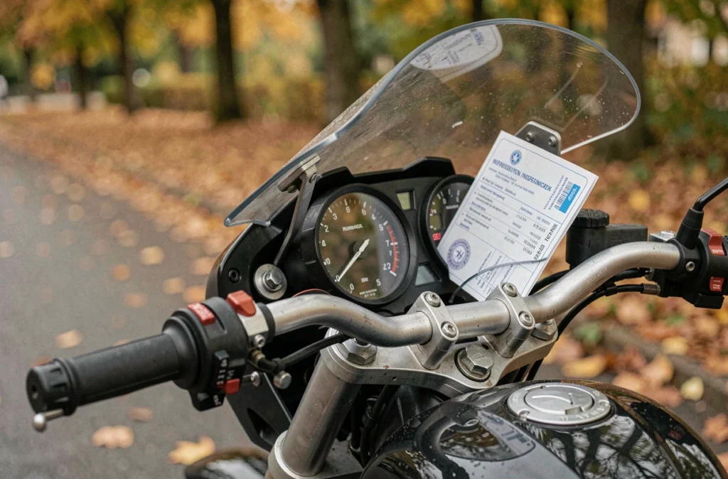 Attestation d'assurance deux-roues et carte verte glissées sur le guidon d'une moto garée dans un parc en automne
