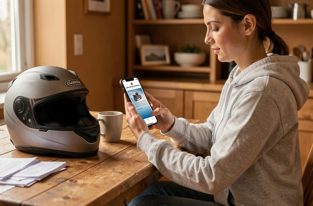 Femme consultant son attestation d'assurance moto sur smartphone à la maison avec casque posé sur la table
