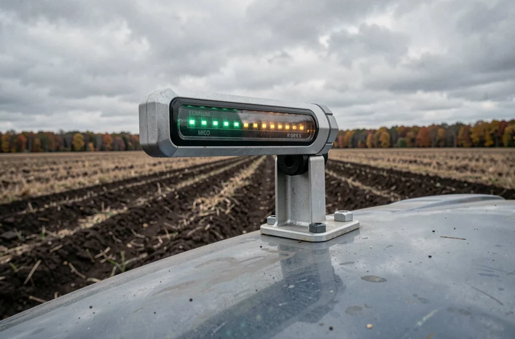 Gros plan d'une barre de guidage GPS agricole avec LED de correction montée sur tracteur en plein champ