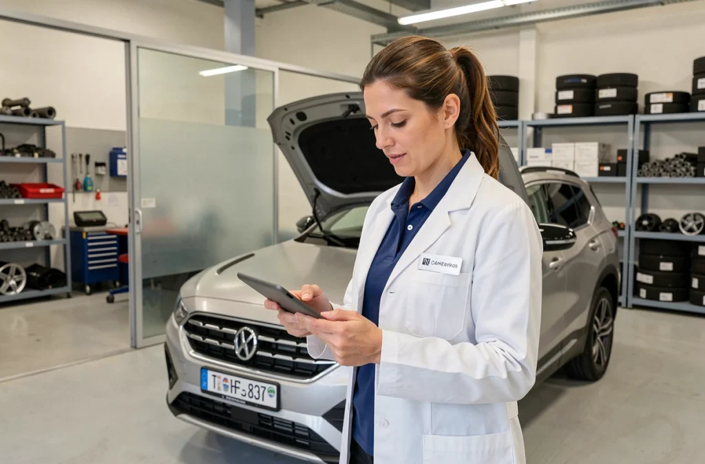 Spécialiste en entretien automobile chez BF Services à Carpentras consultant un diagnostic numérique