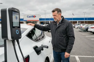 Homme frustré devant une borne de recharge électrique Carrefour défectueuse dans un parking extérieur