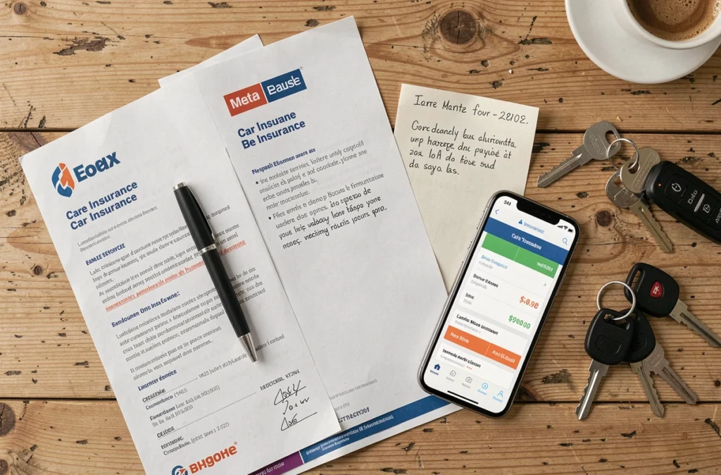 Vue aérienne d'un bureau avec des brochures d'assurance auto, un carnet de notes et des clés de voiture