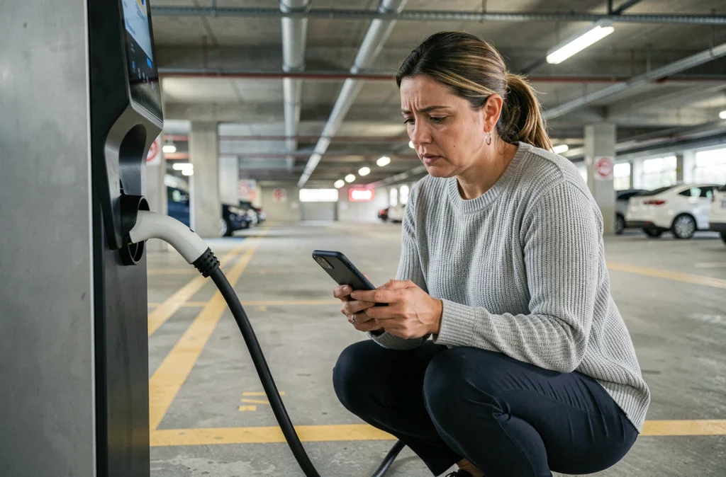 Femme inspectant le câble d'une borne de recharge électrique en panne dans un parking couvert Carrefour
