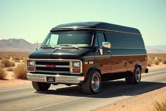 Camion noir GMC Vandura des années 70 de la série Agence tous risques garé sur une route désertique américaine