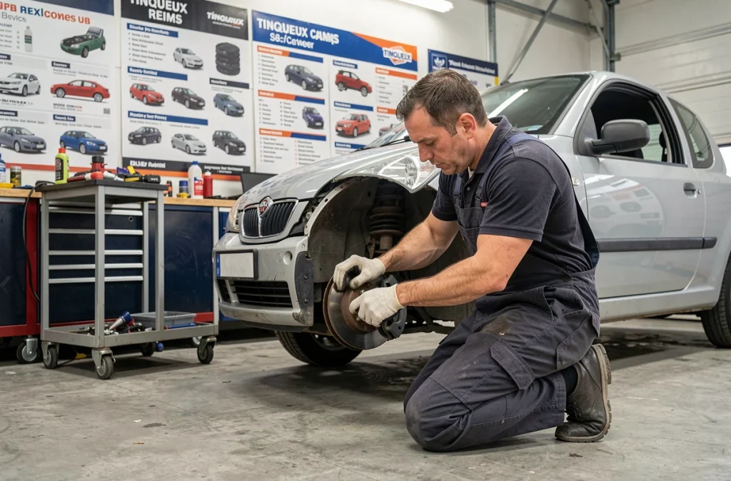Mécanicien changeant les plaquettes de frein au garage Caraxial Tinqueux près de Reims