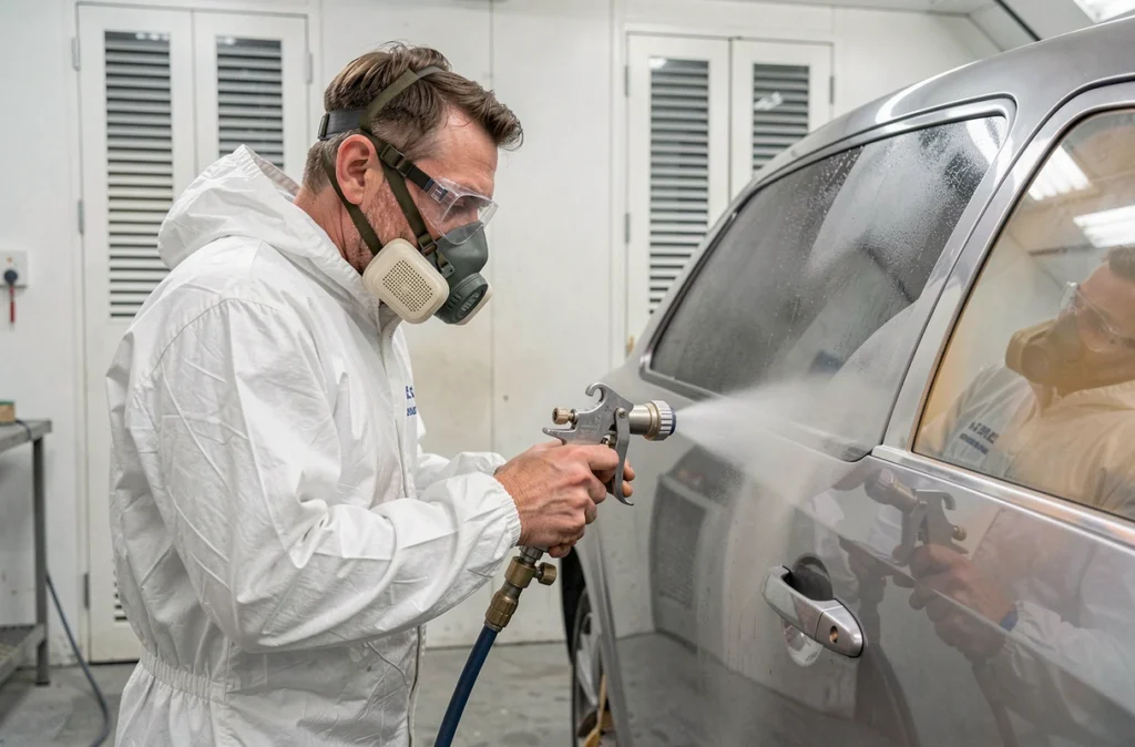 Carrossier de la Carrosserie Meyer à Colmar appliquant une peinture métallique sur un panneau de portière dans une cabine de peinture professionnelle