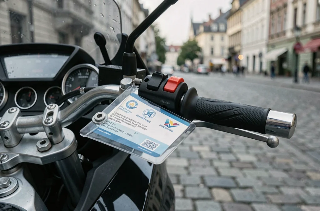 Carte d'assurance moto glissée dans un porte-document sur le guidon sans vignette autocollante visible