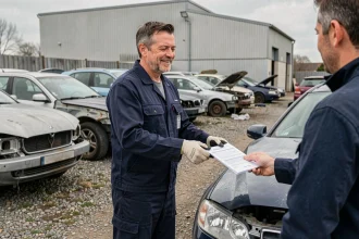 Professionnel de la casse auto 91 remettant des documents à un client pour la reprise d'une épave en Essonne