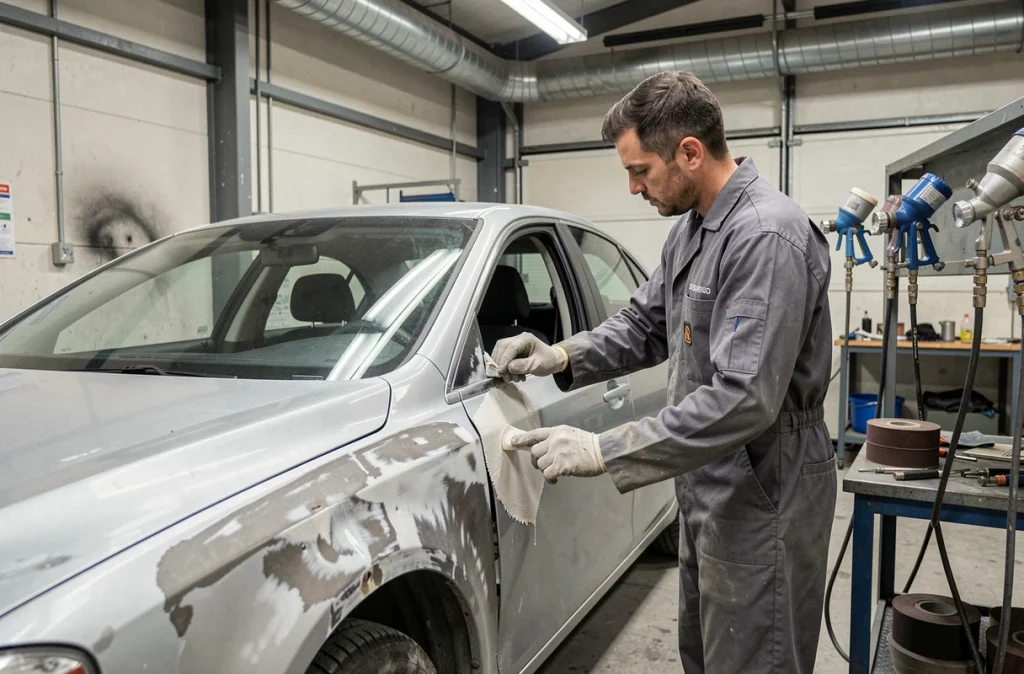 Carrossier réparant la carrosserie d'un véhicule chez Chalons Carrosserie à Fagnières