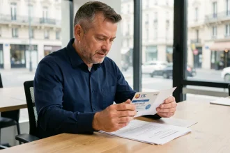 Chauffeur VTC tenant sa carte professionnelle et des documents d'équivalence sur un bureau, illustrant les démarches administratives pour obtenir la carte VTC par équivalence