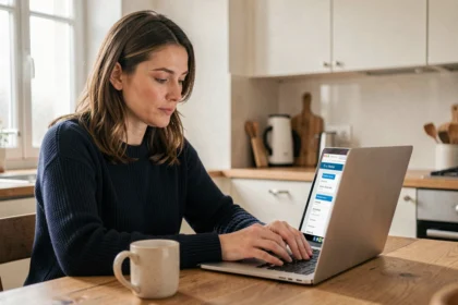 Femme comparant des offres d'assurance auto au kilomètre sur un ordinateur portable dans une cuisine moderne