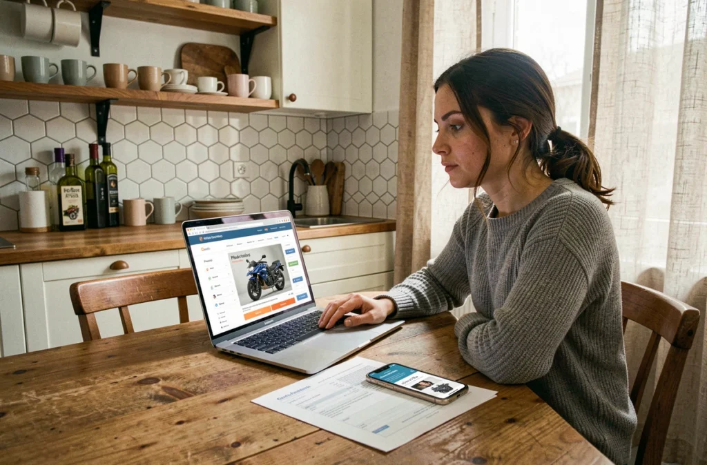 Femme comparant des offres d'assurance moto sur ordinateur portable dans une cuisine française