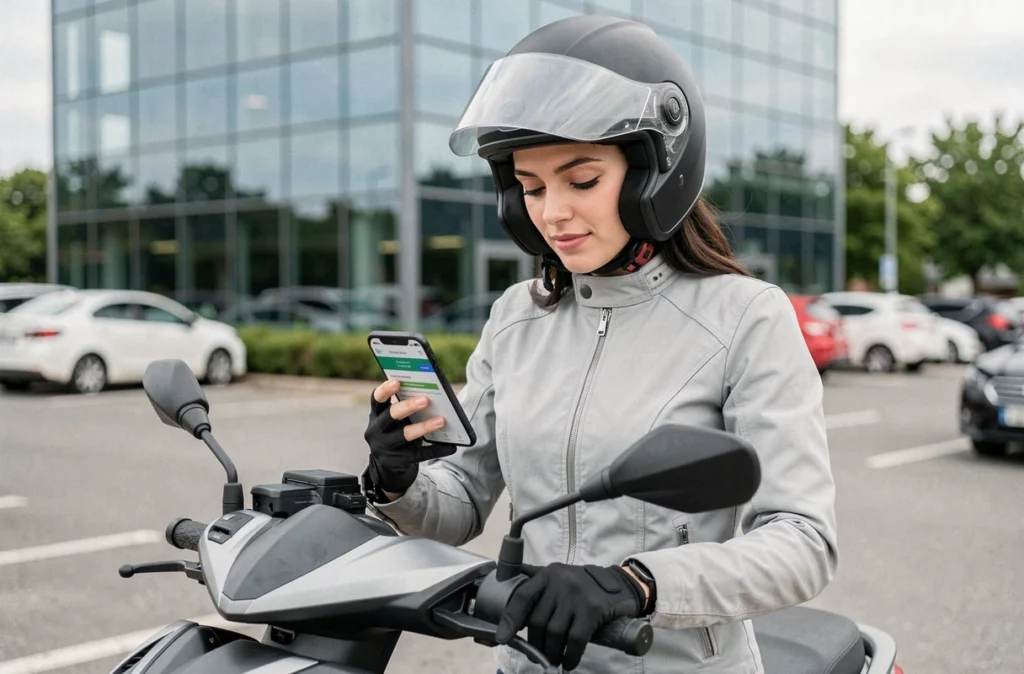 Femme comparant des offres d'assurance scooter 500cc sur smartphone dans un parking