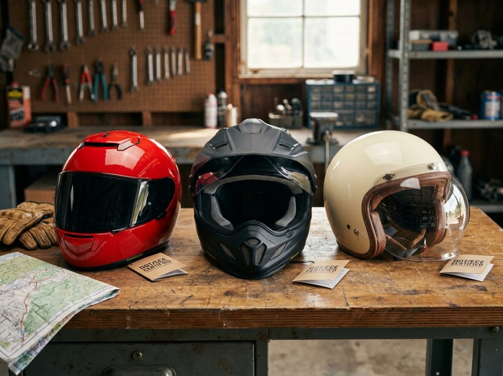 Comparaison de trois casques intégraux moto posés sur un établi pour aider au choix avant un road trip