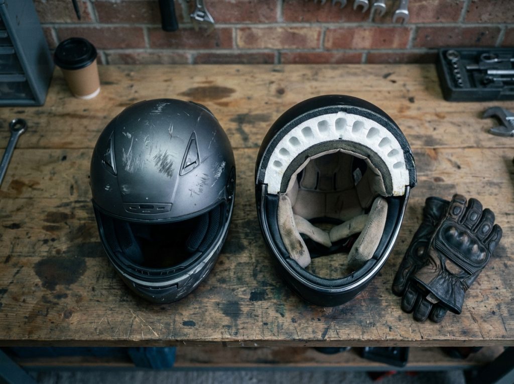 Comparaison de deux casques intégraux en atelier, l'un sectionné pour montrer la mousse EPS et la protection intérieure après une chute