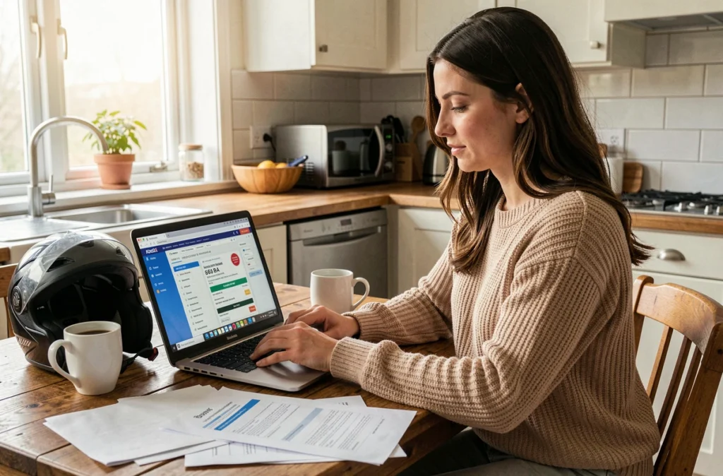 Femme comparant les tarifs d'assurance moto Xenassur sur un ordinateur portable à la maison