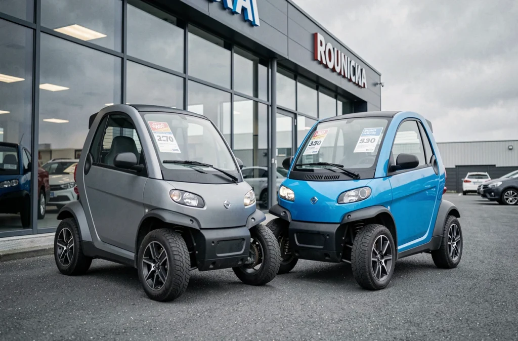 Deux modèles de voitures sans permis exposés devant un concessionnaire près de Rouen avec étiquettes de prix