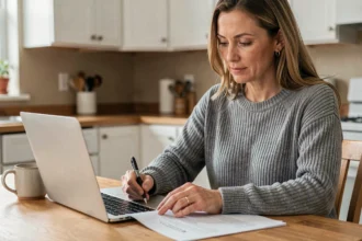 Femme comparant des devis d'assurance automobile sur son ordinateur portable à la maison