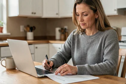 Femme comparant des devis d'assurance automobile sur son ordinateur portable à la maison