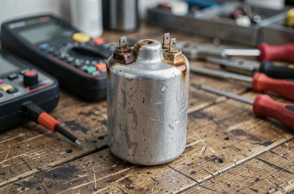 Gros plan d'un condensateur électrique de moteur gonflé et surchauffé posé sur un établi avec des outils électriques