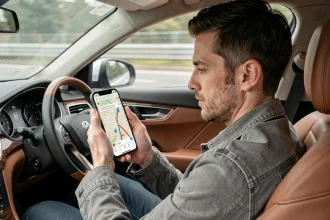 Conducteur consultant Google Maps sur smartphone avec icônes de radars affichés sur l'itinéraire pendant la conduite