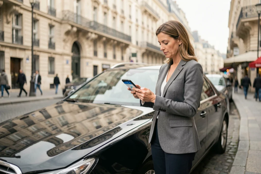 Conductrice VTC en veste formelle consultant son téléphone devant une berline noire dans une rue parisienne, représentant les professions éligibles à l'équivalence pour la carte VTC
