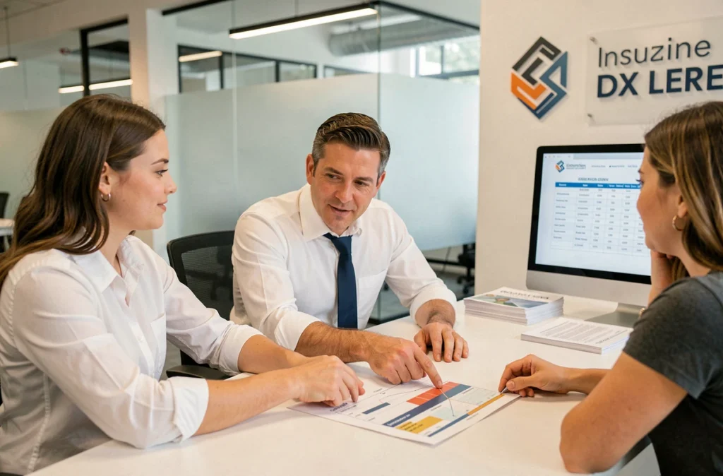 Conseiller en assurance présentant une comparaison de contrats auto à un couple dans une agence