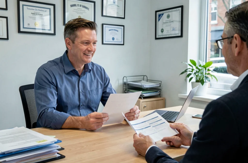Conseiller en assurance expliquant les garanties d'un contrat moto à un client dans un bureau moderne