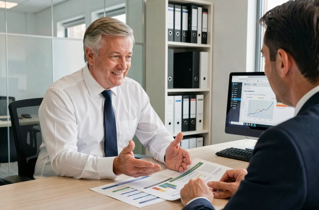Conseiller en assurance expliquant un tableau comparatif de contrats auto à un client