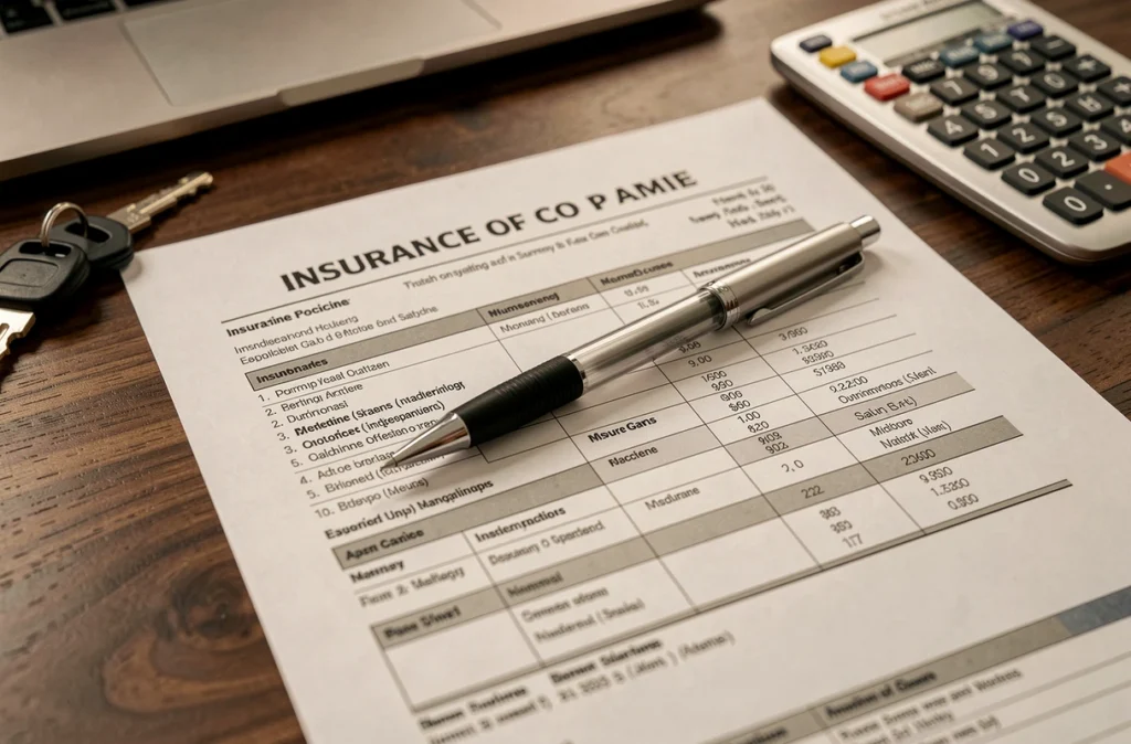 Document de contrat d'assurance automobile avec clés de voiture et stylo sur un bureau en bois