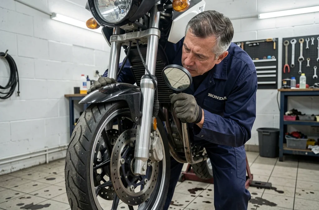 Mécanicien professionnel inspectant les fourches et les freins d'une Honda CB 900 sur pont élévateur