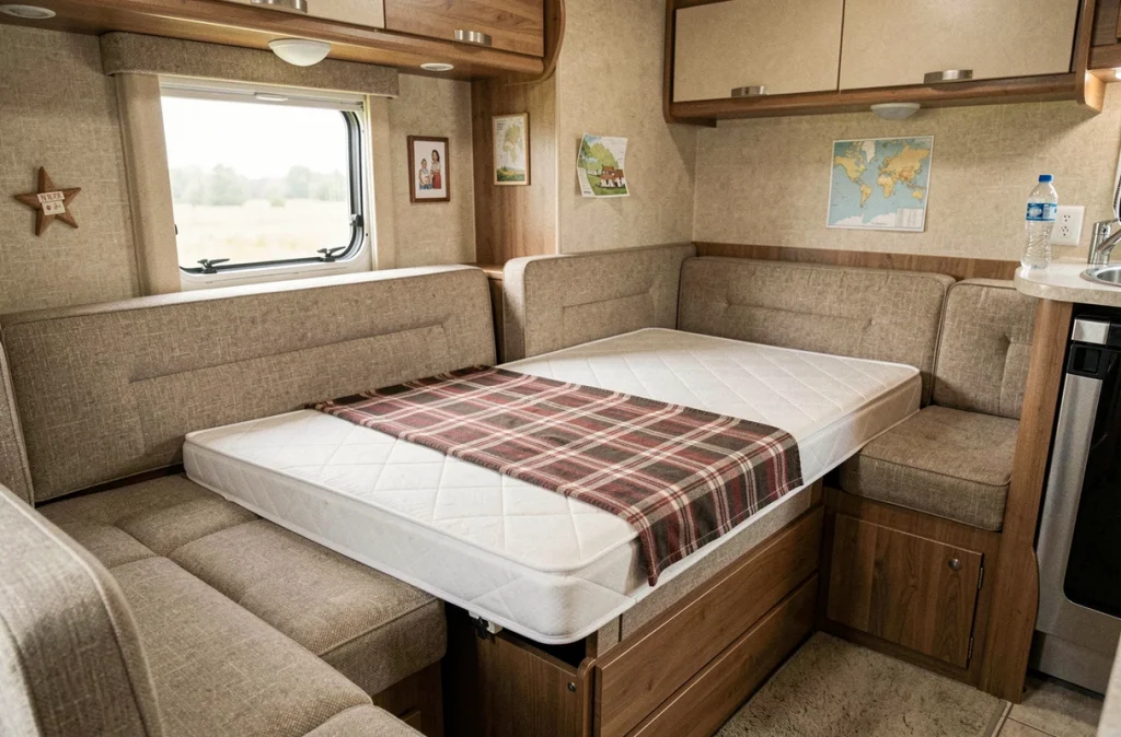 Couchage de conversion banquette-salon transformé en lit dans un camping-car Autostar familial d'occasion
