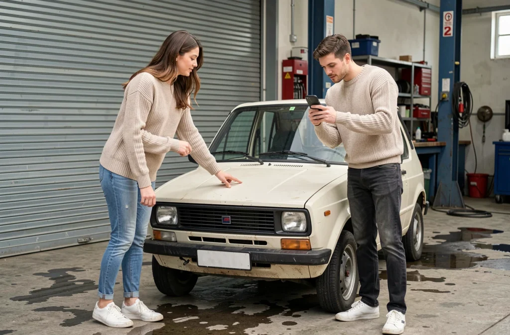 Couple examinant une voiturette d'occasion devant un garage mécanique