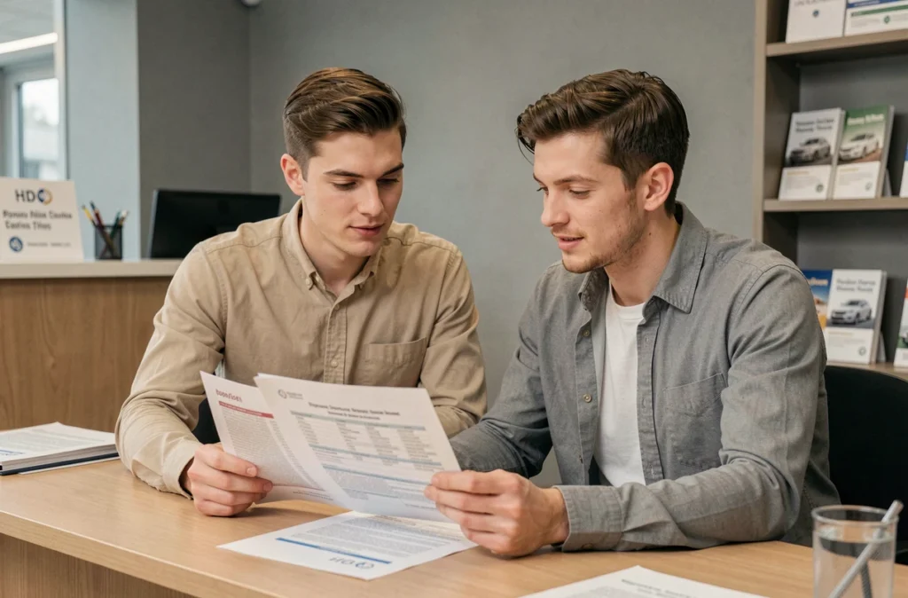 Couple en agence d'assurance auto comparant des devis pour trouver la meilleure offre