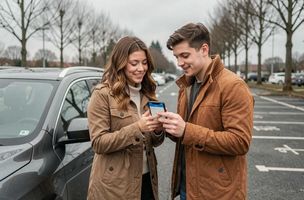 Couple consultant une application de comparaison d'assurance auto au km sur smartphone près de leur SUV
