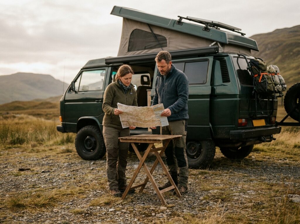 Couple de campeurs consultant une carte papier à côté de leur camping-car 4x4 en pleine nature