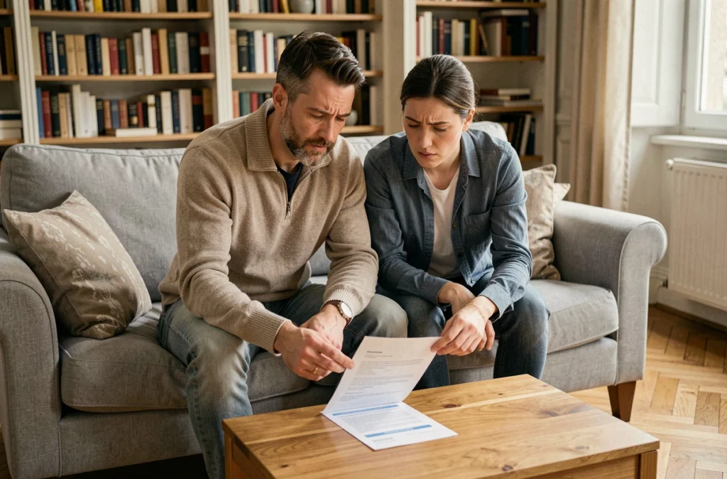Couple examinant une lettre de renouvellement d'assurance auto dans leur salon pour anticiper un changement de contrat
