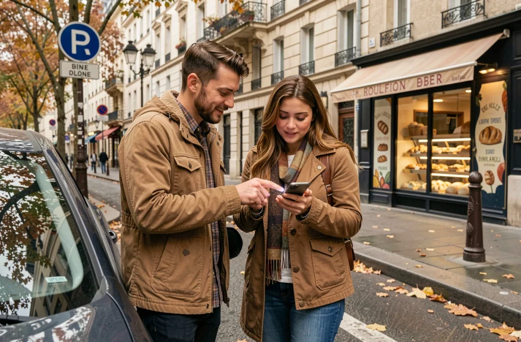 Couple de visiteurs consultant l'application PayByPhone devant une voiture garée en zone bleue à Paris