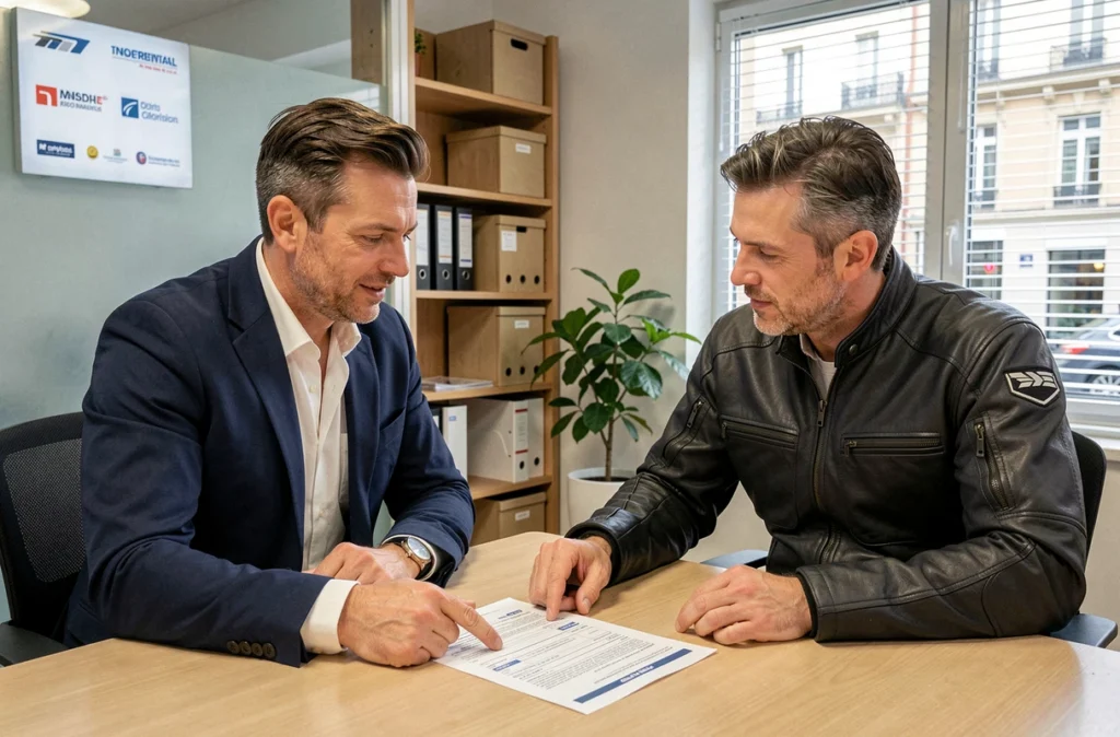 Courtier en assurance moto expliquant un contrat à un client dans un bureau en France