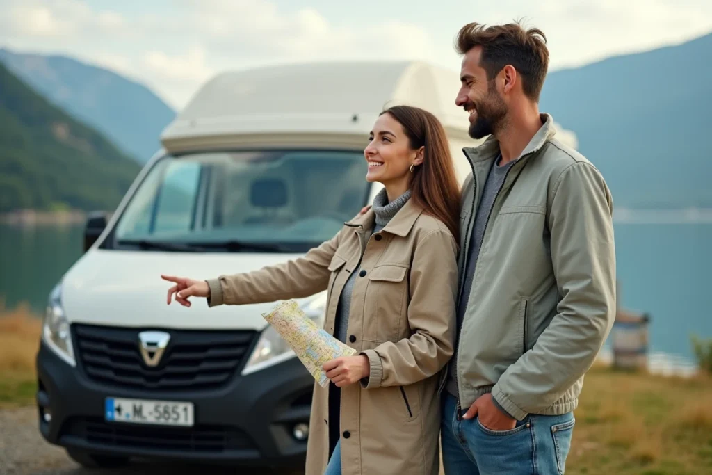 Couple de voyageurs devant un camping-car Dacia au bord d'un lac avec paysage montagnard en arrière-plan