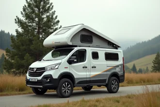 Camping-car Dacia compact garé sur une route de campagne française avec décor de collines verdoyantes