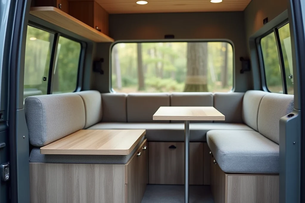 Intérieur aménagé d'un camping-car Dacia avec coin cuisine modulable et assise en tissu gris